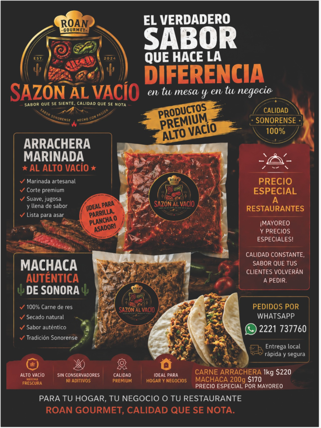 Arrachera marinada al alto vacío y machaca auténtica de Sonora ROAN GOURMET